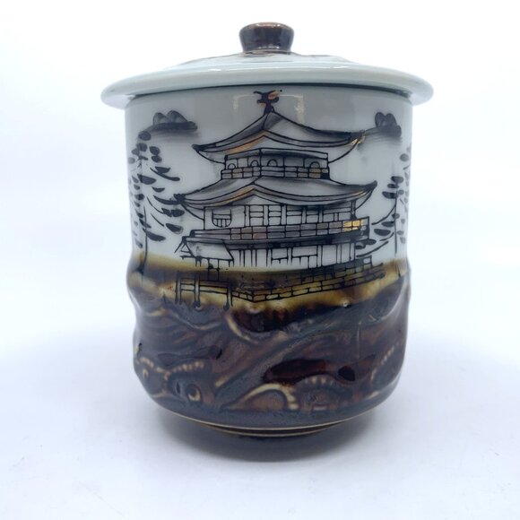 Japanese Kutani Porcelain Lidded Tea Cup Golden Pavilion Temple w/Gold Horse - Picture 1 of 12